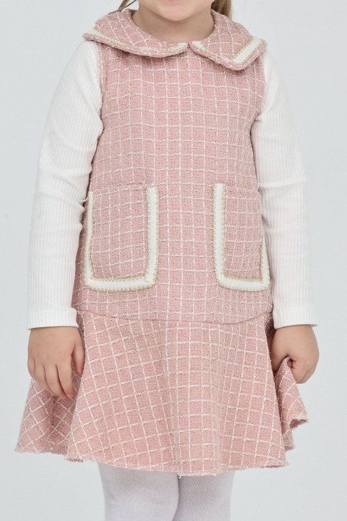 Kız Çocuk Şanel Kumaş Cepli  2li Elbise (Elbise+Bady Bluz)12175