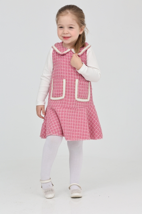 Kız Çocuk Şanel Kumaş Cepli  2li Elbise (Elbise+Bady Bluz)12175