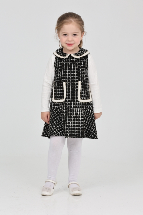 Kız Çocuk Şanel Kumaş Cepli  2li Elbise (Elbise+Bady Bluz)12175