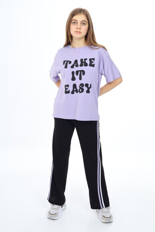 Kız Çocuk Şerit Detaylı Alt-Üst 2li Takım 12144