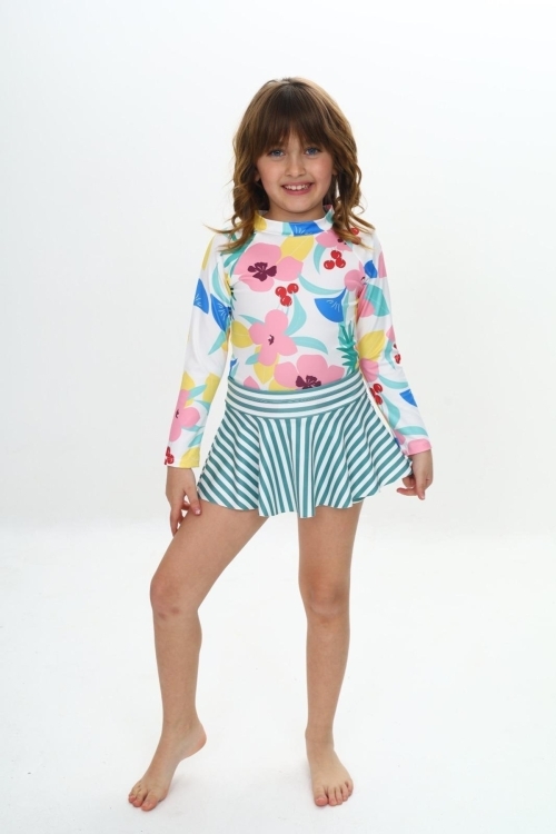 Kız Çocuk Şort Etekli Uzun Kollu Mayo Takımı 3-10 Yaş 12226