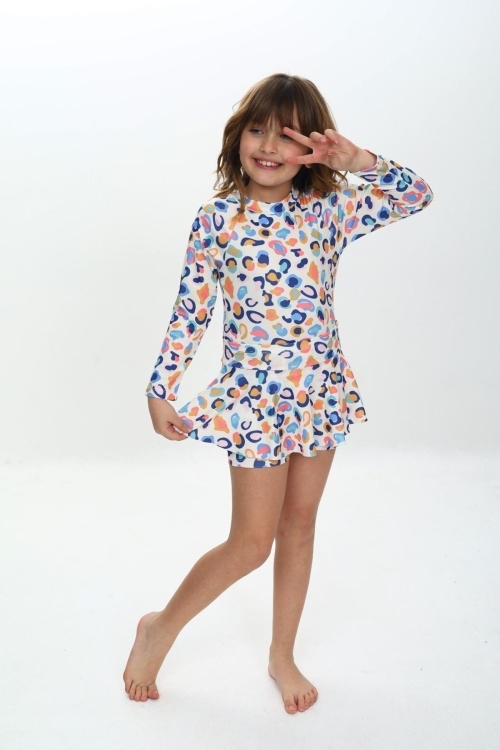 Kız Çocuk Şort Etekli Uzun Kollu Mayo Takımı 3-10 Yaş 12226