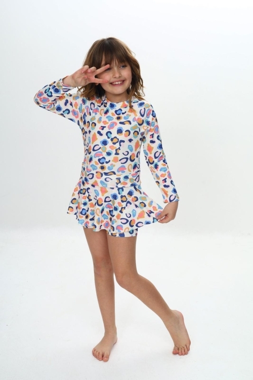 Kız Çocuk Şort Etekli Uzun Kollu Mayo Takımı 3-10 Yaş 12226