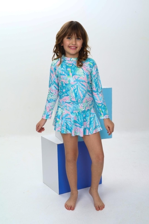 Kız Çocuk Şort Etekli Uzun Kollu Mayo Takımı 3-10 Yaş 12226