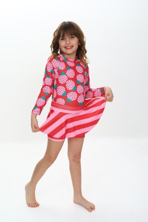 Kız Çocuk Şort Etekli Uzun Kollu Mayo Takımı 3-10 Yaş 12226