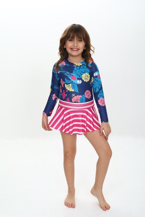 Kız Çocuk Şort Etekli Uzun Kollu Mayo Takımı 3-10 Yaş 12227