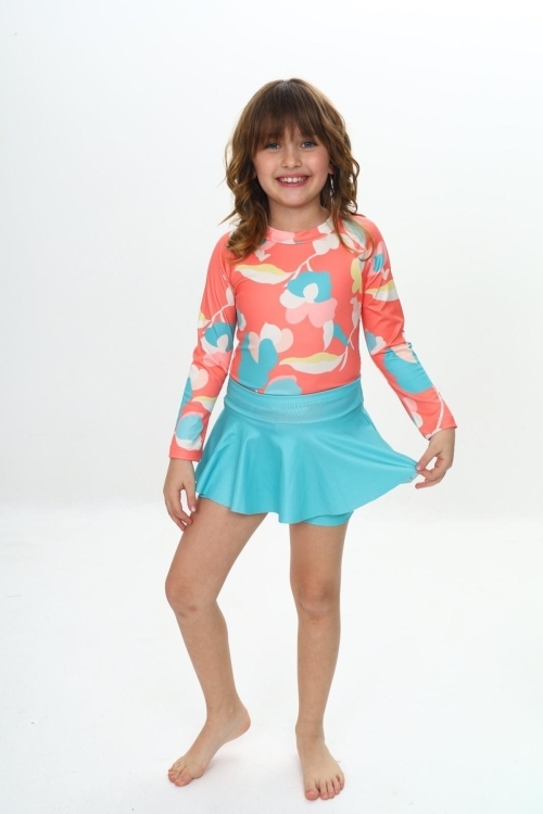 Kız Çocuk Şort Etekli Uzun Kollu Mayo Takımı 3-10 Yaş 12227