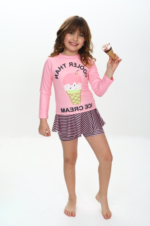 Kız Çocuk Şort Etekli Uzun Kollu Mayo Takımı 3-10 Yaş 12228