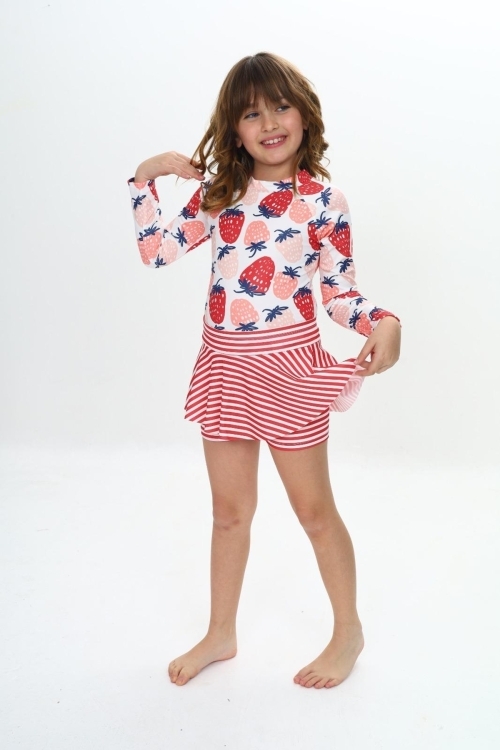 Kız Çocuk Şort Etekli Uzun Kollu Mayo Takımı 3-10 Yaş 12228