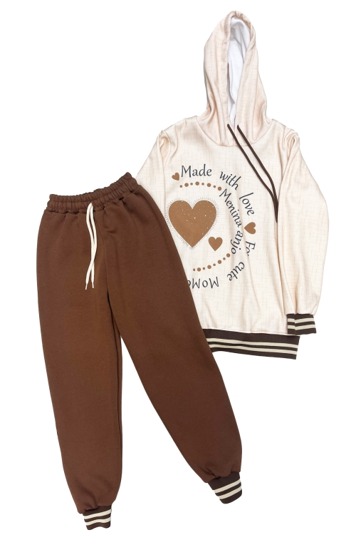 Kız Çocuk Taş Süslemeli Kapüşonlu Ribana Detaylı 3 İplik Alt-Üst Takım 12338