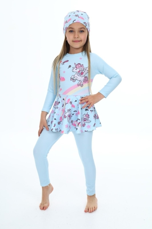 Kız Çocuk Uzun Kollu ve Etek Altlı Mayo Takımı  3-12 Yaş 12243