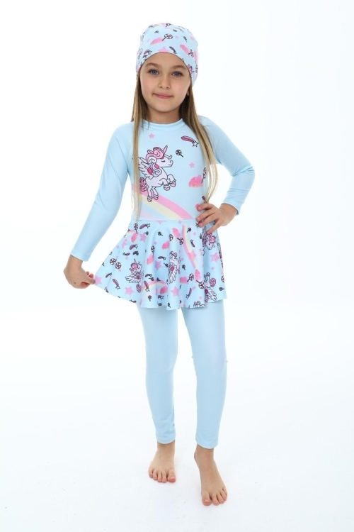 Kız Çocuk Uzun Kollu ve Etek Altlı Mayo Takımı  3-12 Yaş 12243