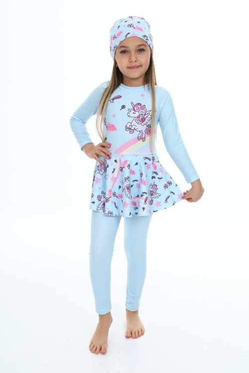 Kız Çocuk Uzun Kollu ve Etek Altlı Mayo Takımı  3-12 Yaş 12243