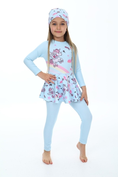 Kız Çocuk Uzun Kollu ve Etek Altlı Mayo Takımı  3-12 Yaş 12243