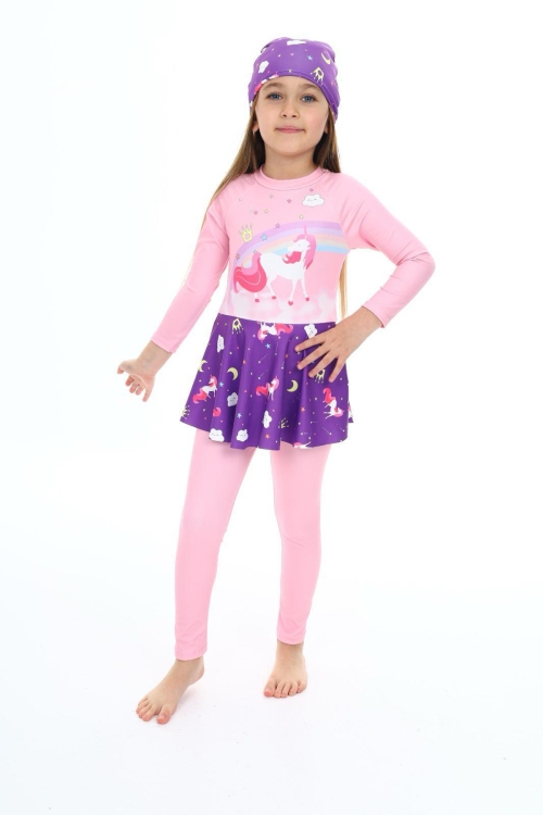 Kız Çocuk Uzun Kollu ve Etek Altlı Mayo Takımı  3-12 Yaş 12268