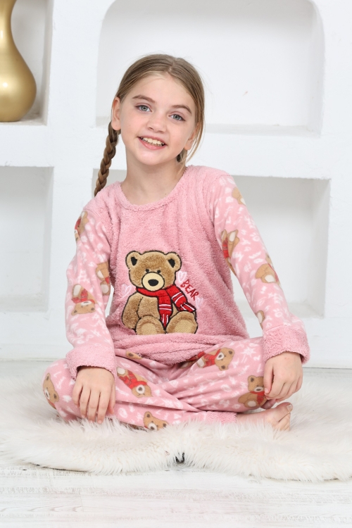 Kız Çocuk Welsoft Kumaş-Göz Bantlı Ayıcık Baskılı Pijama Takımı 12293