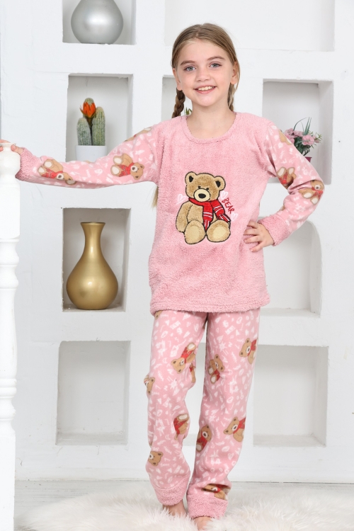 Kız Çocuk Welsoft Kumaş-Göz Bantlı Ayıcık Baskılı Pijama Takımı 12293