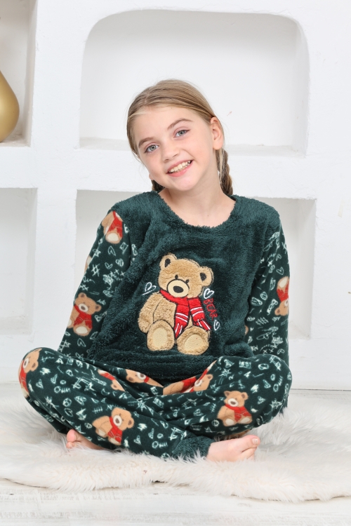 Kız Çocuk Welsoft Kumaş-Göz Bantlı Ayıcık Baskılı Pijama Takımı 12293