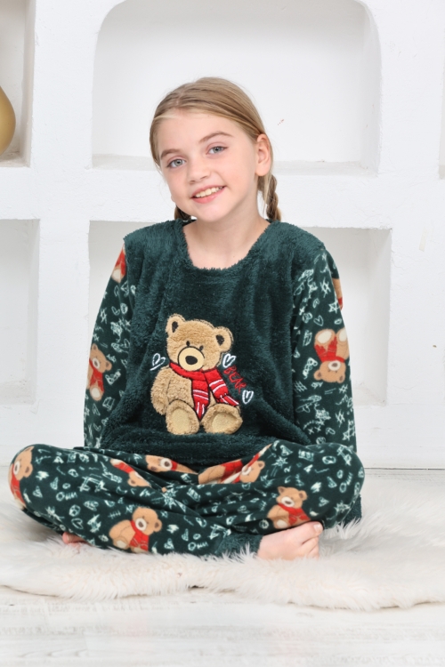 Kız Çocuk Welsoft Kumaş-Göz Bantlı Ayıcık Baskılı Pijama Takımı 12293