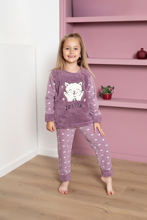 Kız Çocuk Welsoft Kumaş-Göz Bantlı Kedi ve Kalp Baskılı Pijama Takımı 12289