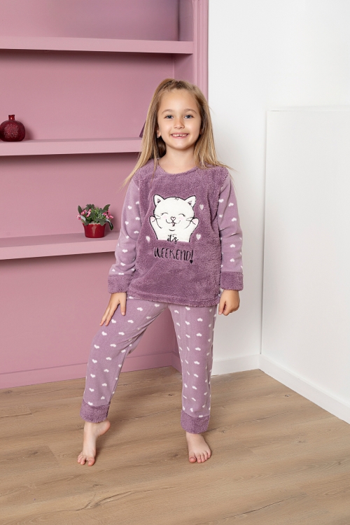 Kız Çocuk Welsoft Kumaş-Göz Bantlı Kedi ve Kalp Baskılı Pijama Takımı 12289