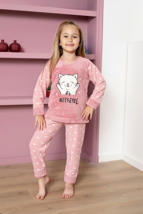 Kız Çocuk Welsoft Kumaş-Göz Bantlı Kedi ve Kalp Baskılı Pijama Takımı 12289