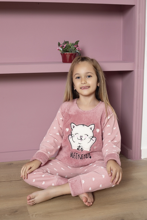 Kız Çocuk Welsoft Kumaş-Göz Bantlı Kedi ve Kalp Baskılı Pijama Takımı 12289