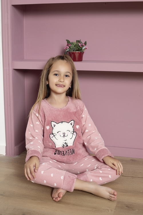 Kız Çocuk Welsoft Kumaş-Göz Bantlı Kedi ve Kalp Baskılı Pijama Takımı 12289