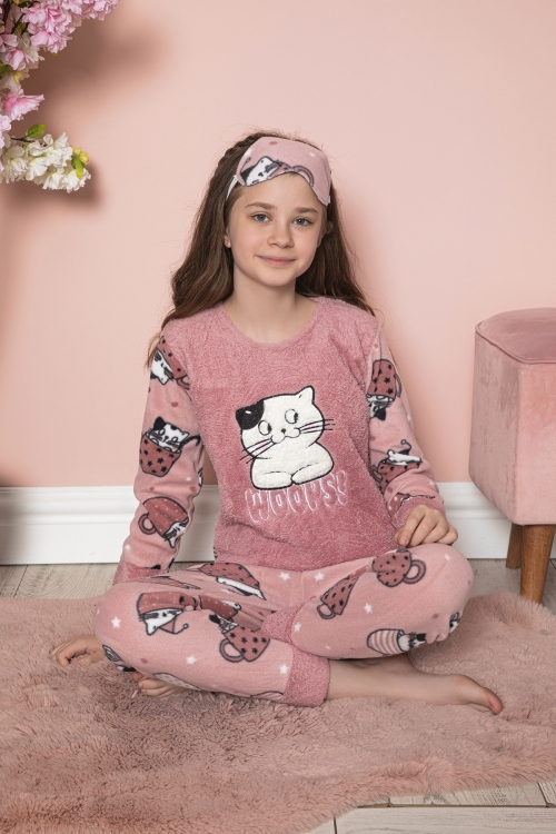 Kız Çocuk Welsoft Kumaş-Göz Bantlı Kedicik Baskılı Pijama Takımı 12282