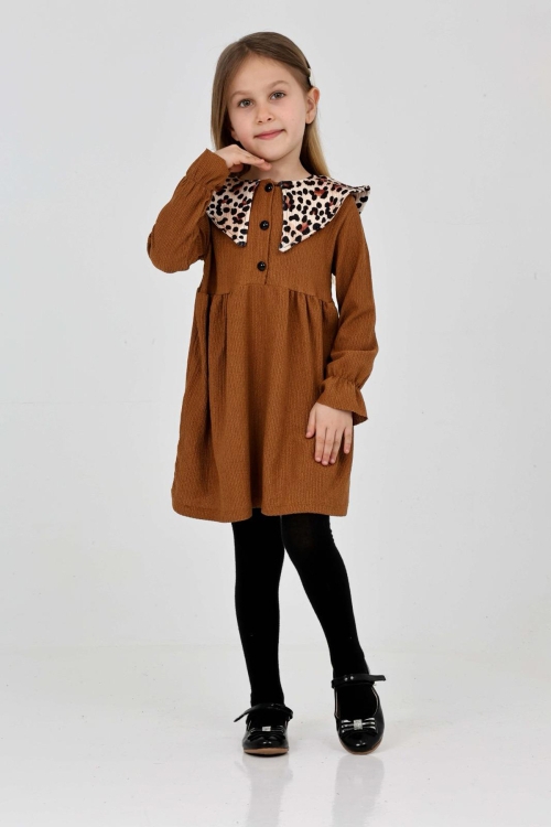 Kız Çocuk Yaka Desenli Bürümcük Elbise 12190