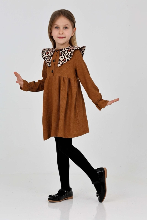 Kız Çocuk Yaka Desenli Bürümcük Elbise 12190