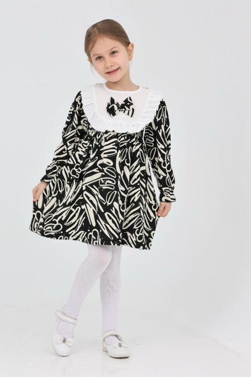 Kız Çocuk Yaka ve Fiyonk Detaylı Çizgi Desenli Elbise 12186