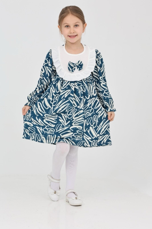 Kız Çocuk Yaka ve Fiyonk Detaylı Çizgi Desenli Elbise 12186