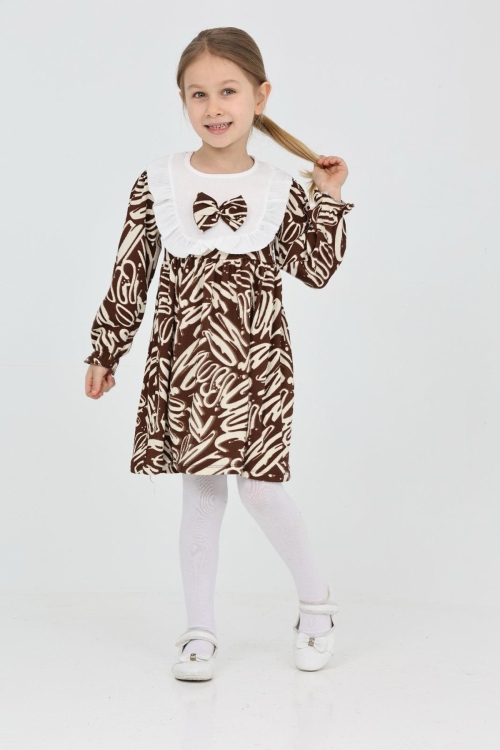 Kız Çocuk Yaka ve Fiyonk Detaylı Çizgi Desenli Elbise 12186