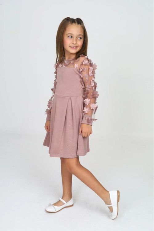 Kız Çocuk Yaka ve Kolları Tüllü Elbise 12161