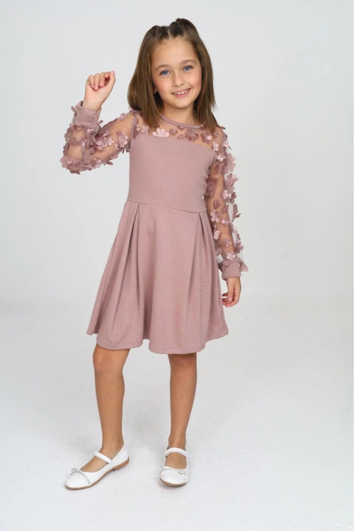 Kız Çocuk Yaka ve Kolları Tüllü Elbise 12161