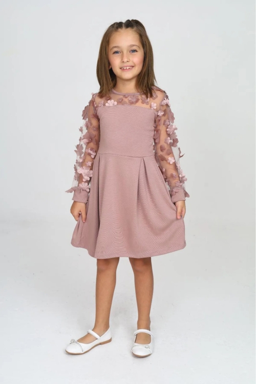 Kız Çocuk Yaka ve Kolları Tüllü Elbise 12161
