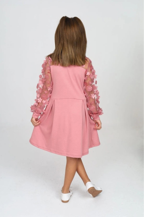 Kız Çocuk Yaka ve Kolları Tüllü Elbise 12161