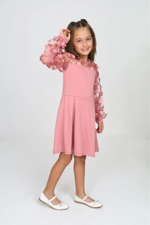 Kız Çocuk Yaka ve Kolları Tüllü Elbise 12161