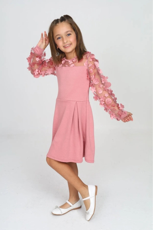 Kız Çocuk Yaka ve Kolları Tüllü Elbise 12161