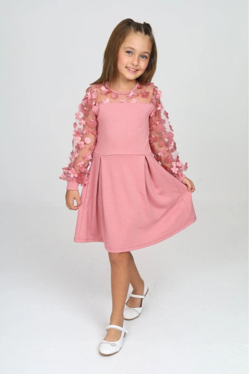 Kız Çocuk Yaka ve Kolları Tüllü Elbise 12161
