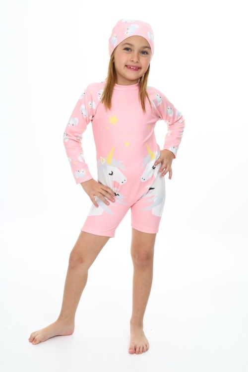 Kız Çocuk Yüzücü Şortlu ve Boneli Mayo Takımı 3-10 Yaş 12222