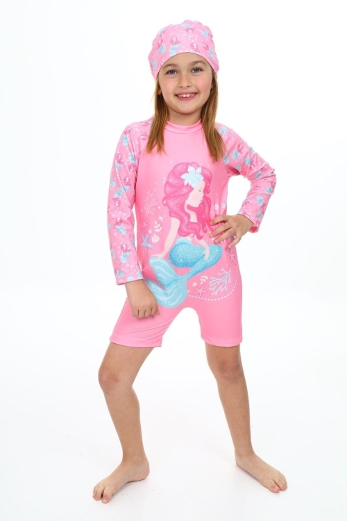 Kız Çocuk Yüzücü Şortlu ve Boneli Mayo Takımı 3-10 Yaş 12222