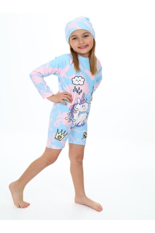 Kız Çocuk Yüzücü Şortlu ve Boneli Mayo Takımı 3-10 Yaş 12222