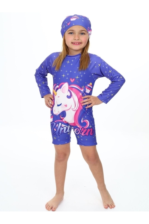 Kız Çocuk Yüzücü Şortlu ve Boneli Mayo Takımı 3-10 Yaş 12222