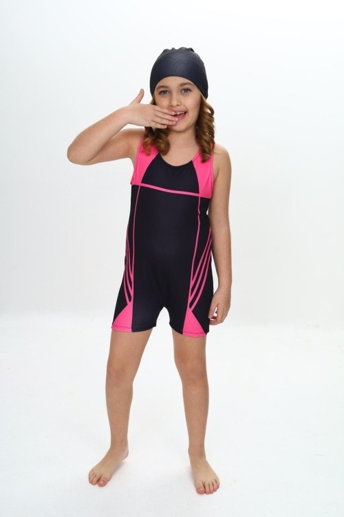 Kız Çocuk Yüzücü Şortlu ve Boneli Tulum Mayo Takımı 5-16 Yaş 12232