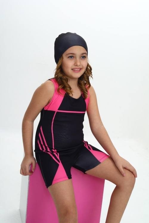 Kız Çocuk Yüzücü Şortlu ve Boneli Tulum Mayo Takımı 5-16 Yaş 12232