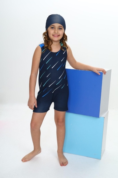 Kız Çocuk Yüzücü Şortlu ve Boneli Tulum Mayo Takımı 5-16 Yaş 12232