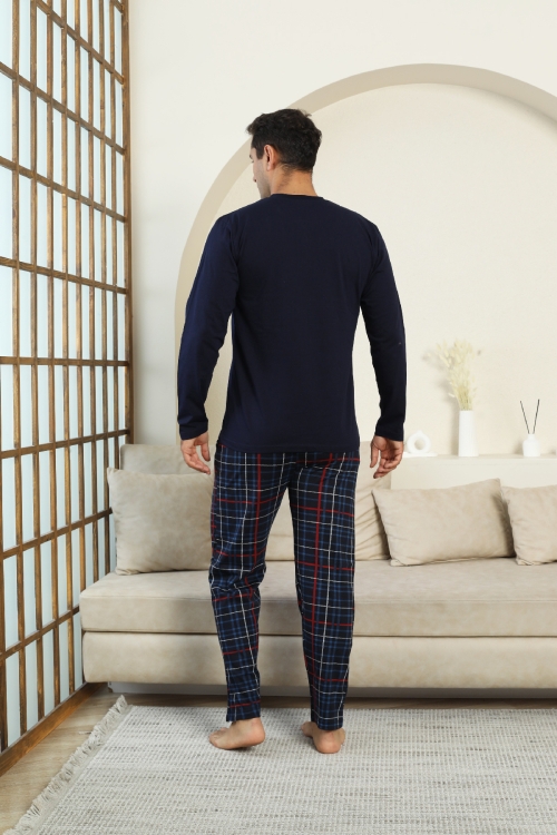 Erkek %100 İnterlok Pamuk Kumaş Ekose Bloklu Pijama Takımı 12481