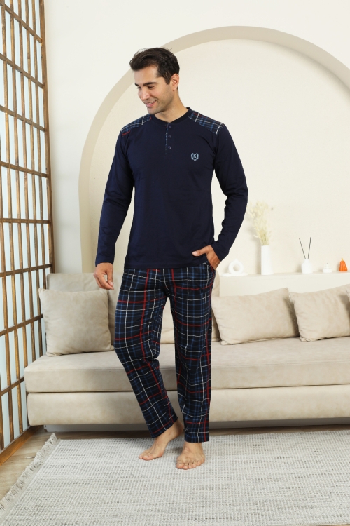 Erkek %100 İnterlok Pamuk Kumaş Ekose Bloklu Pijama Takımı 12481